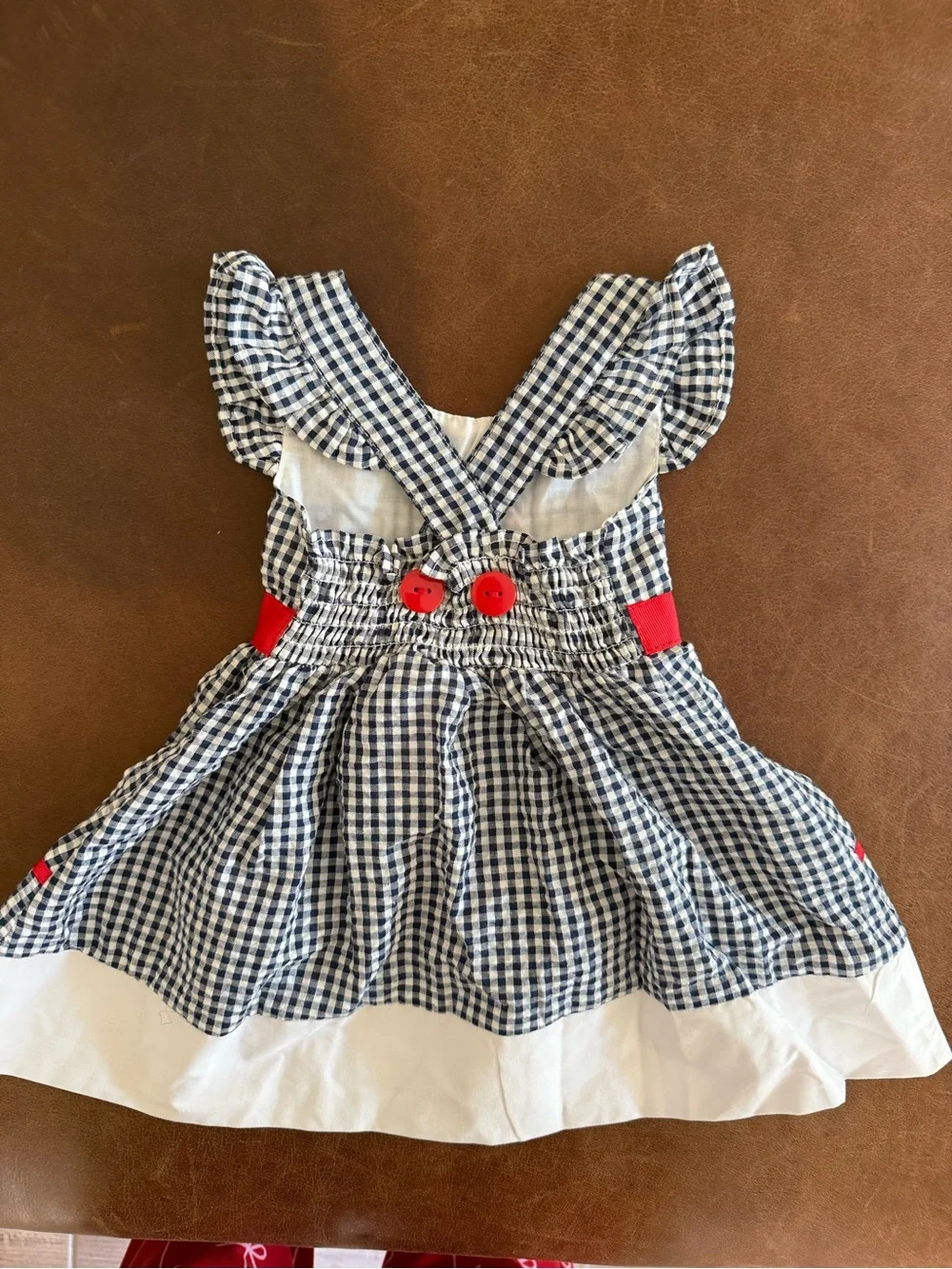 Girls Navy Gingham Red Bow Strawberry Appliqué Dress